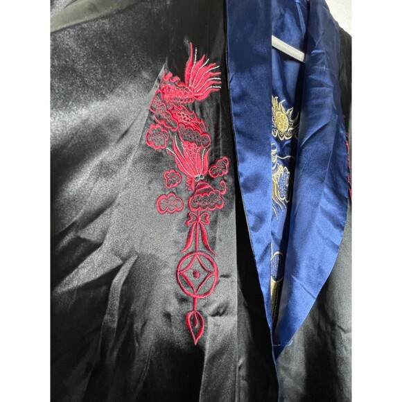 Men's Robe Kimono Reversible Embroidered Dragon Asian  Black & Blue No Belt - Picture 10 of 16